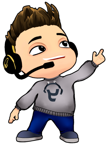 Yodinha, mascote do YoGamers do Bem, com um grande sorriso, olhando e apontando para cima, usando um headset gamer e uma blusa moleton